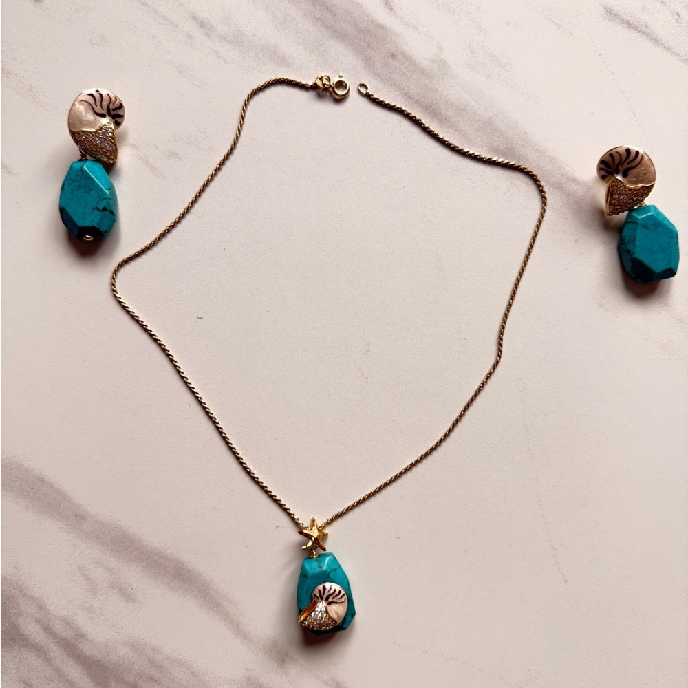 Misis 18k Gold plated and White CZ Turquoise paste Enamel Necklace Set